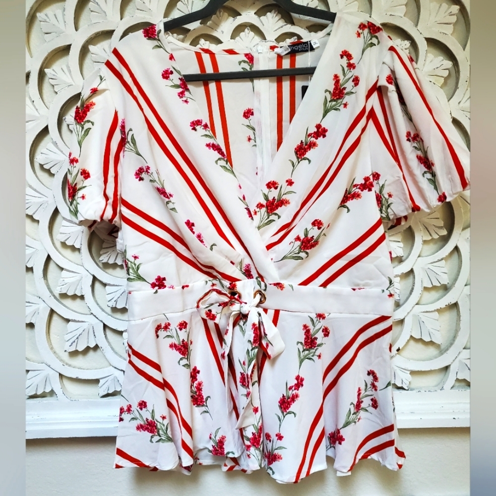 White Floral Puffy Sleeved Blouse NWT Angela Plus 2XL